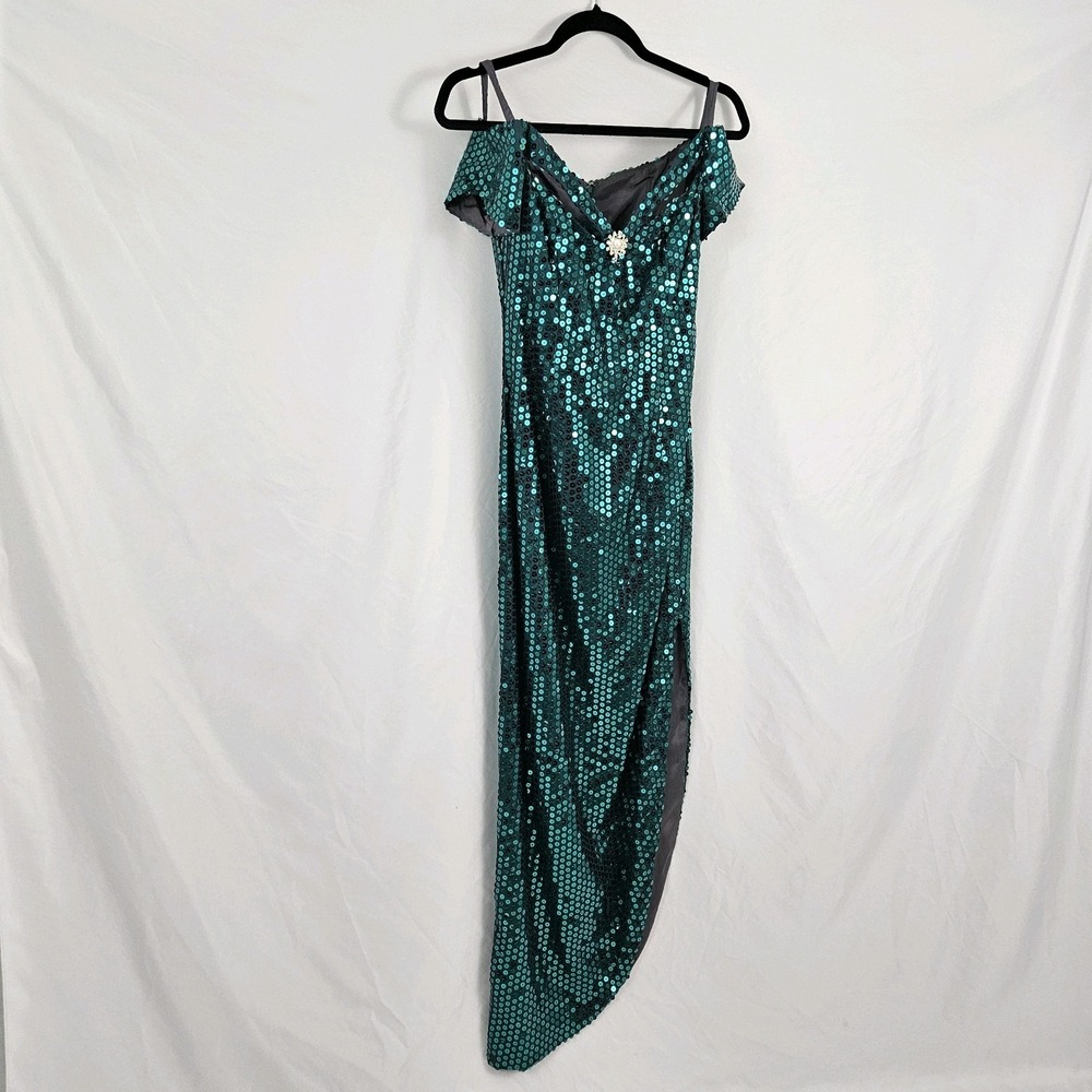 Oleg Cassini Evening Gown Emerald Green Sequin Size 5/6 Prom Dress Off Shoulder - Picture 6 of 12